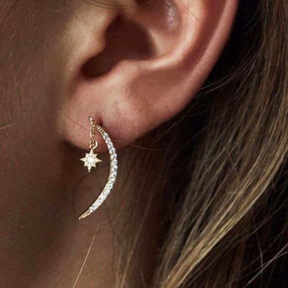 Jewelry - *NEW 18K Yellow Gold Diamond Moon Star Earrings